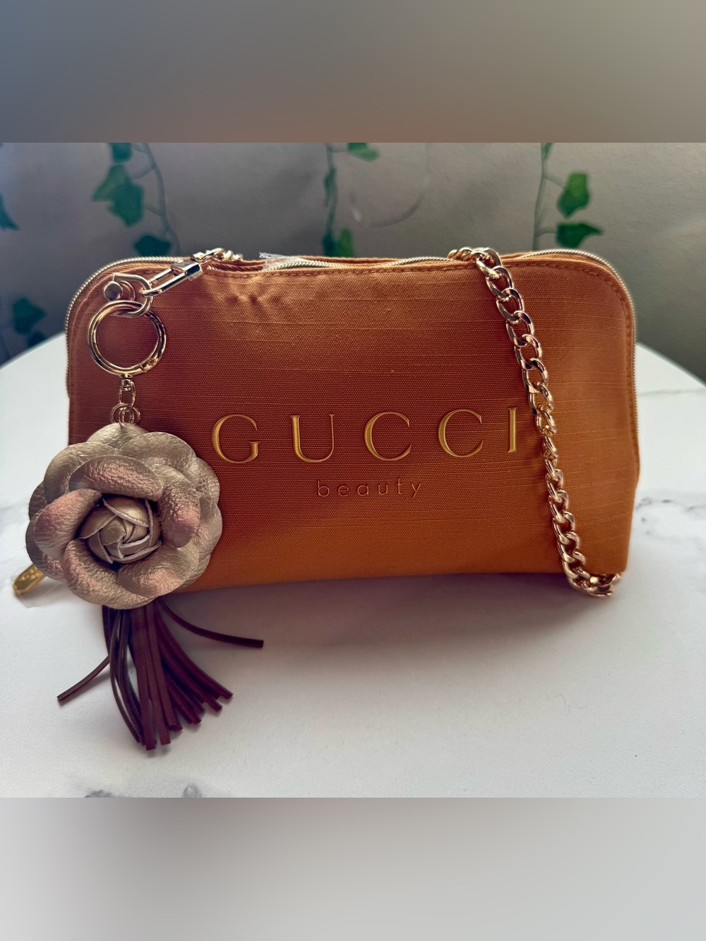 Gucci Orange Beauty Chain Cosmetic Pouch with Floral Charm and gold chain